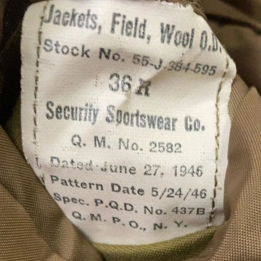 Vintage 1946 US Army Wool Field Jacket 36R WWII Post War Quartermaster Coat